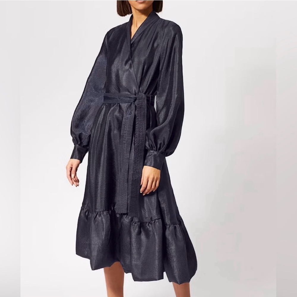 Stine Goya Niki Wrap Midi Dress Size Medium Shiny Midnight Blue Puff Sleeve NWT - Picture 2 of 14